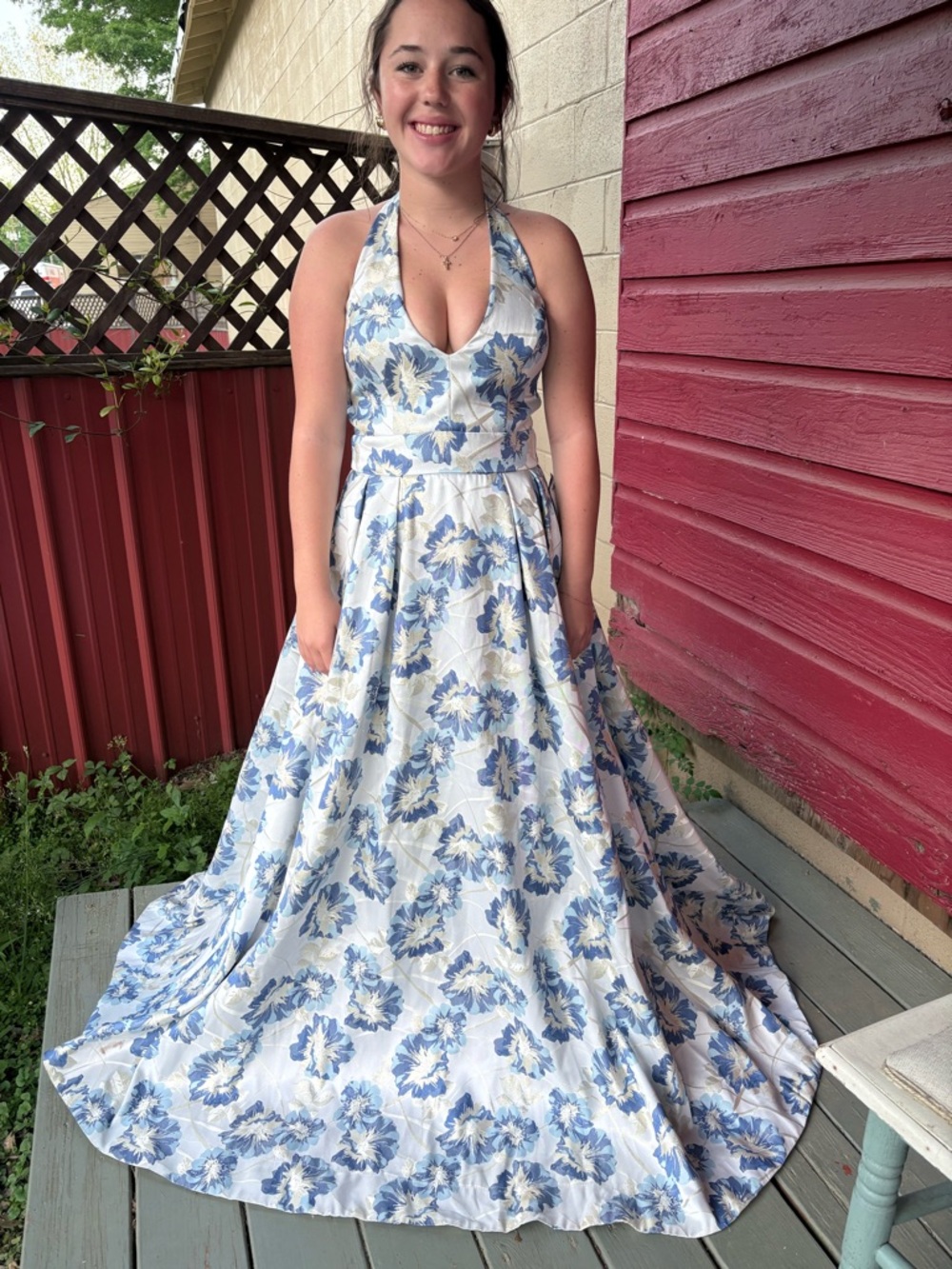 Halter Floral A-Line Prom Dress in Blue and White
